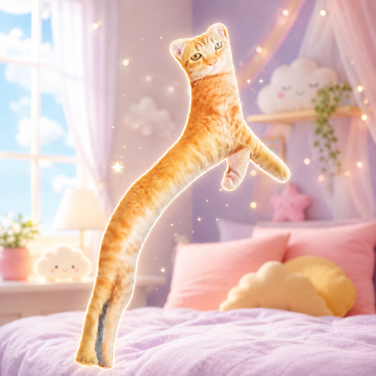 Pillow Cat in a soft pastel bedroom
