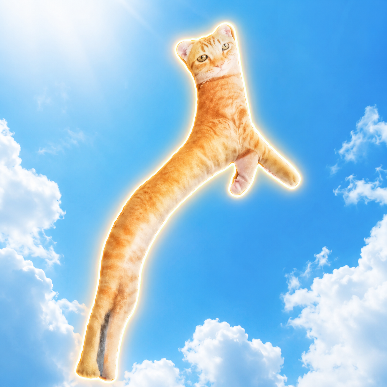 Pillow Cat hanging in a blue sky
